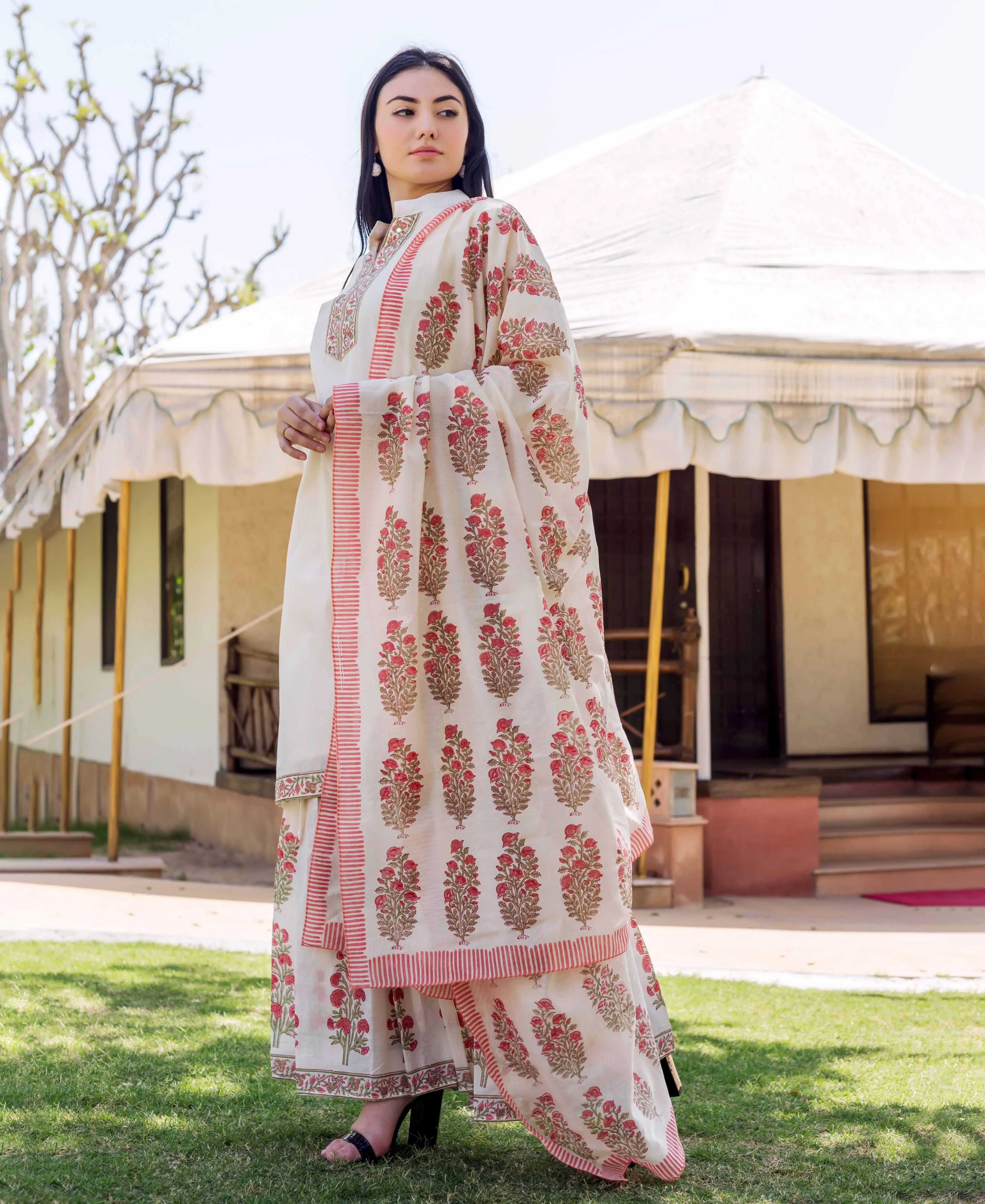 Ivory Block Printed and Embroidered Kurta