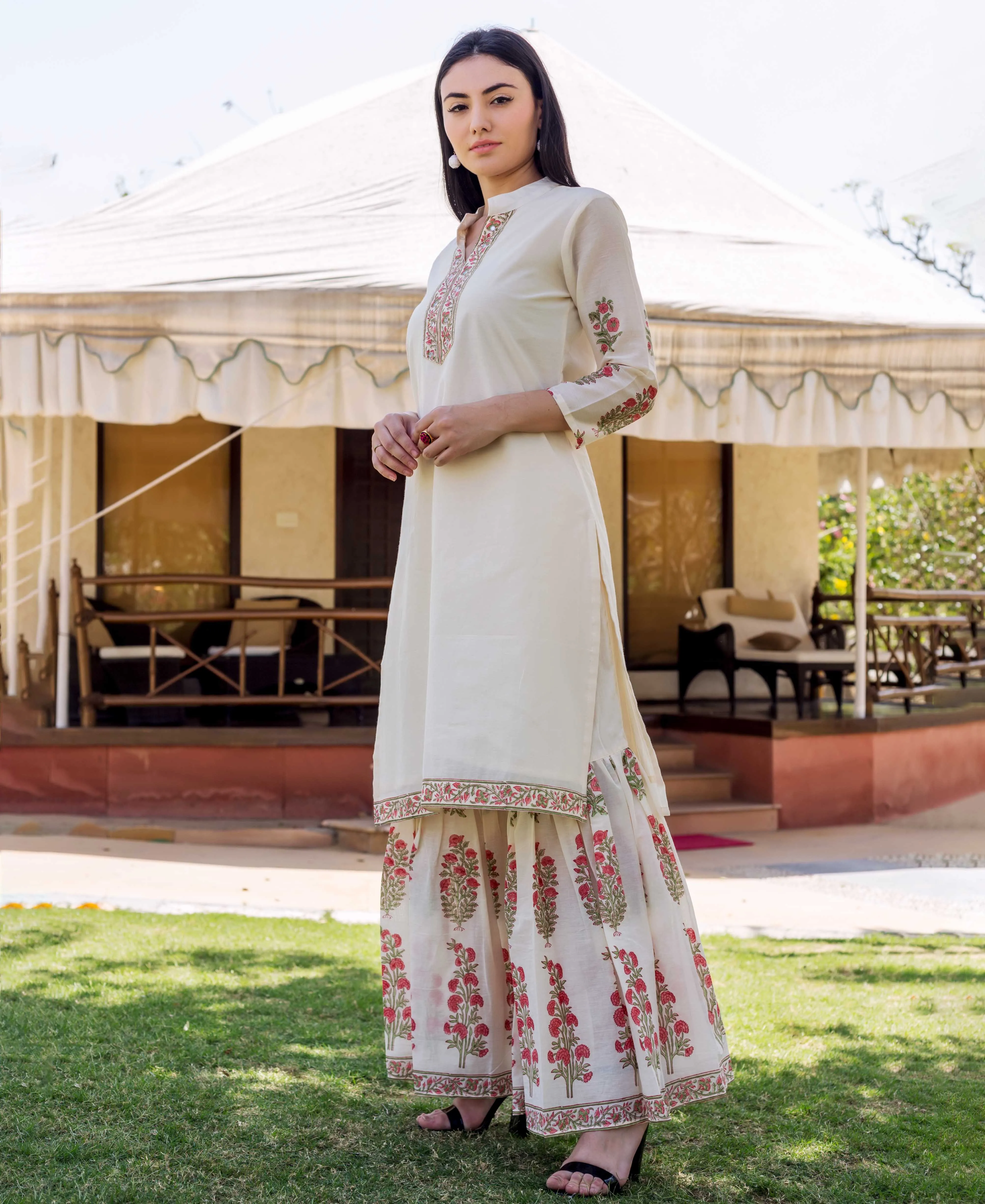 Ivory Block Printed and Embroidered Kurta