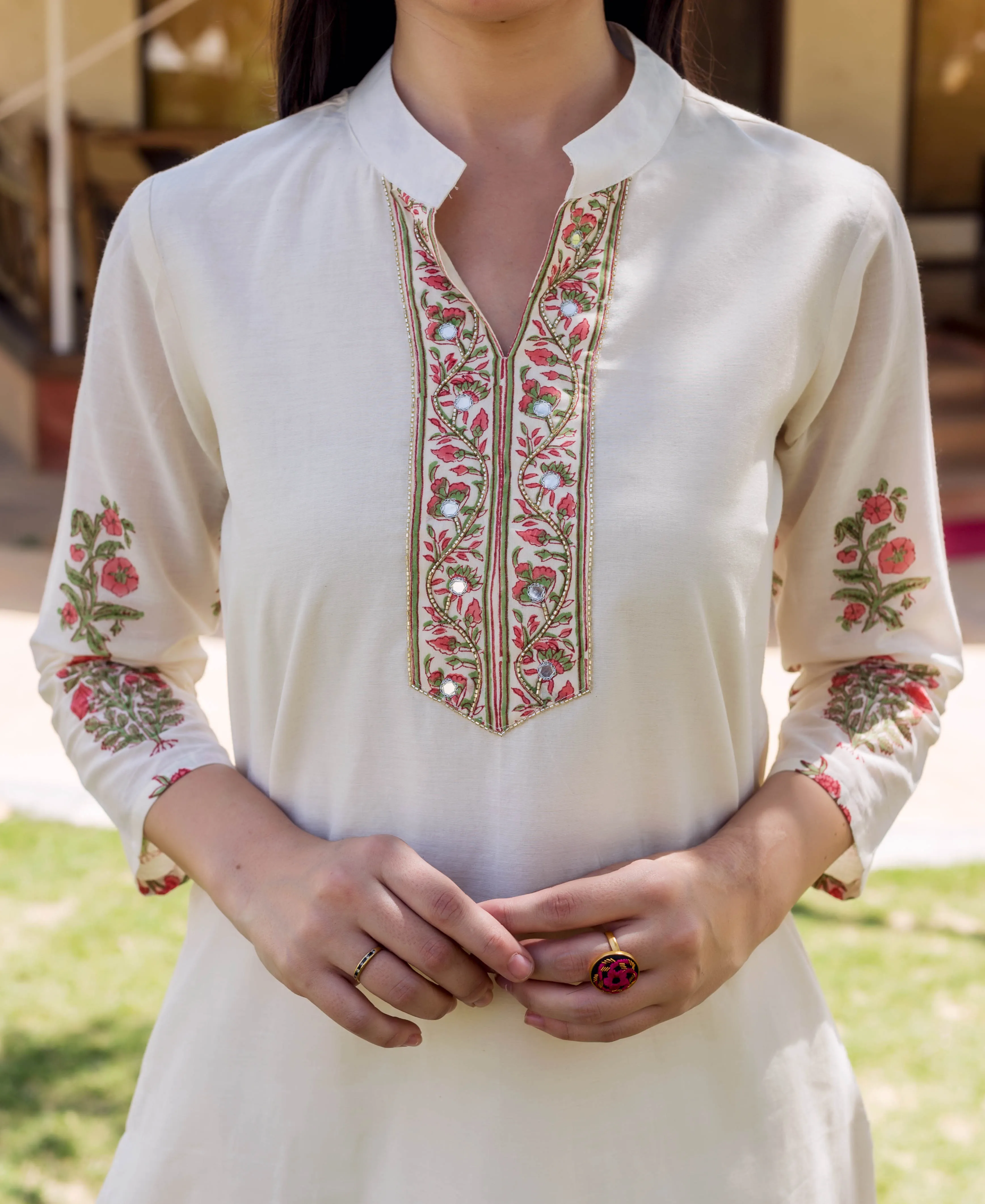 Ivory Block Printed and Embroidered Kurta