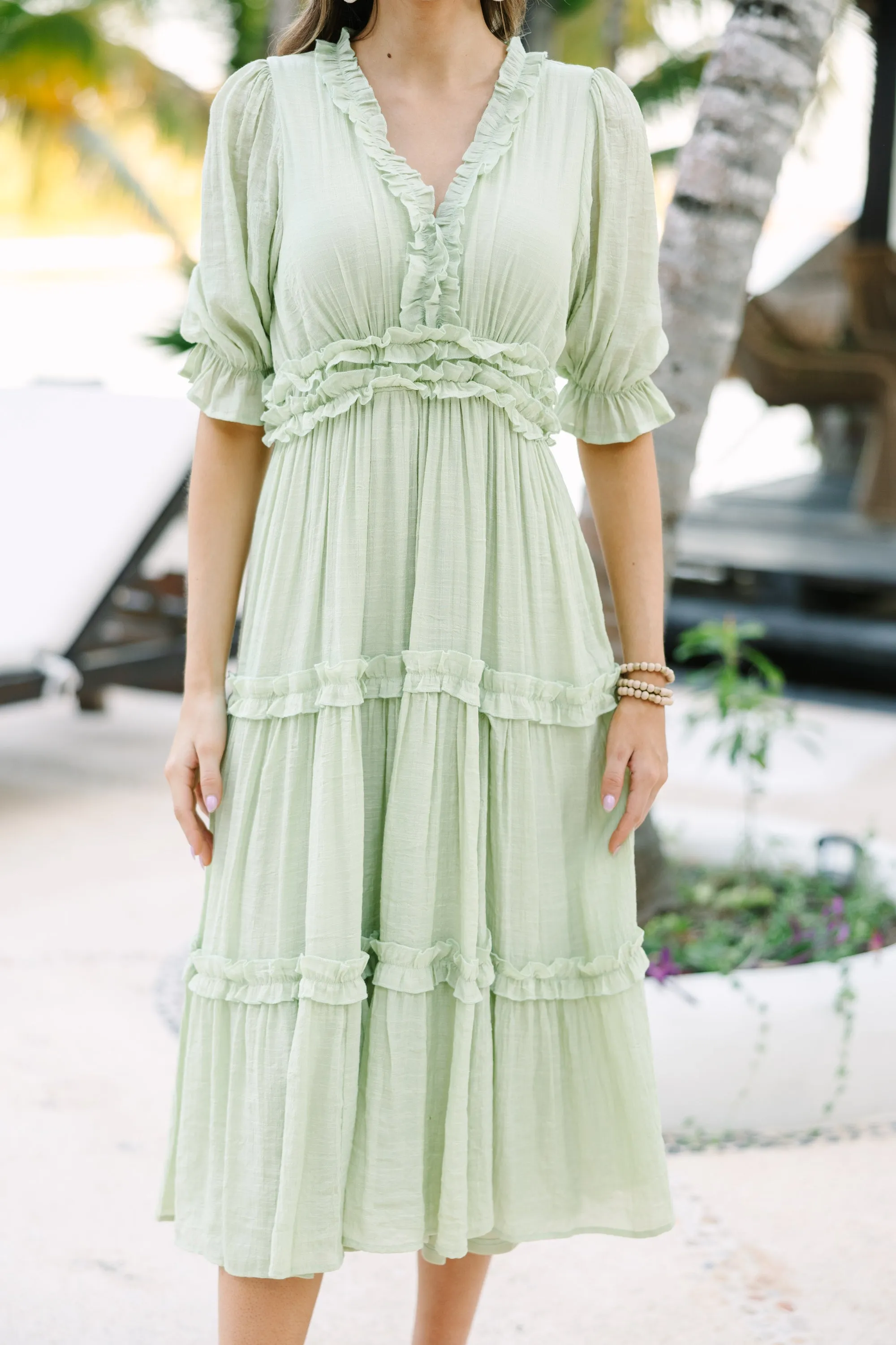 Living In A Dream Melon Green Ruffled Midi Dress