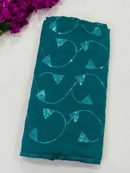 Lovely Teal Green Color Georgette Saree With Sequins And Moti Work