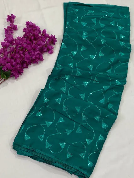 Lovely Teal Green Color Georgette Saree With Sequins And Moti Work