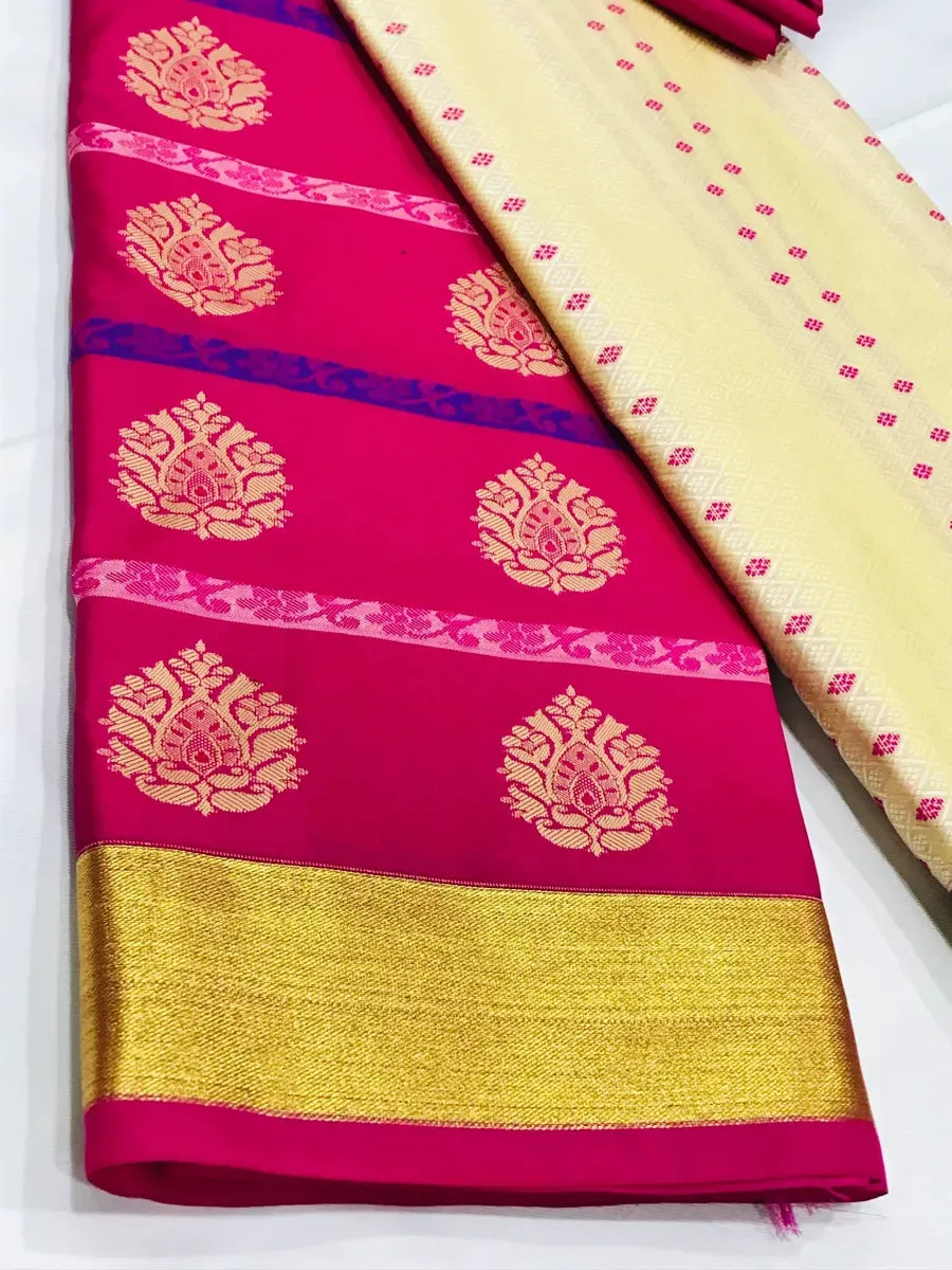 Marvelous Kanchi Silk Saree In Archaic Ivory With Pink Border - SILKMARK CERTIFIED