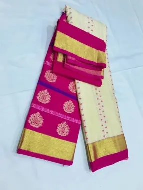 Marvelous Kanchi Silk Saree In Archaic Ivory With Pink Border - SILKMARK CERTIFIED