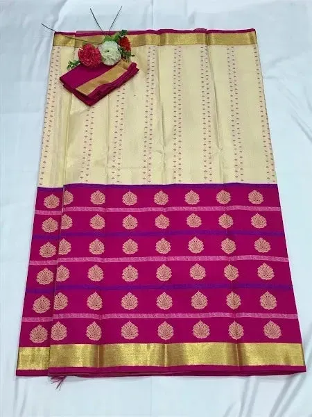 Marvelous Kanchi Silk Saree In Archaic Ivory With Pink Border - SILKMARK CERTIFIED