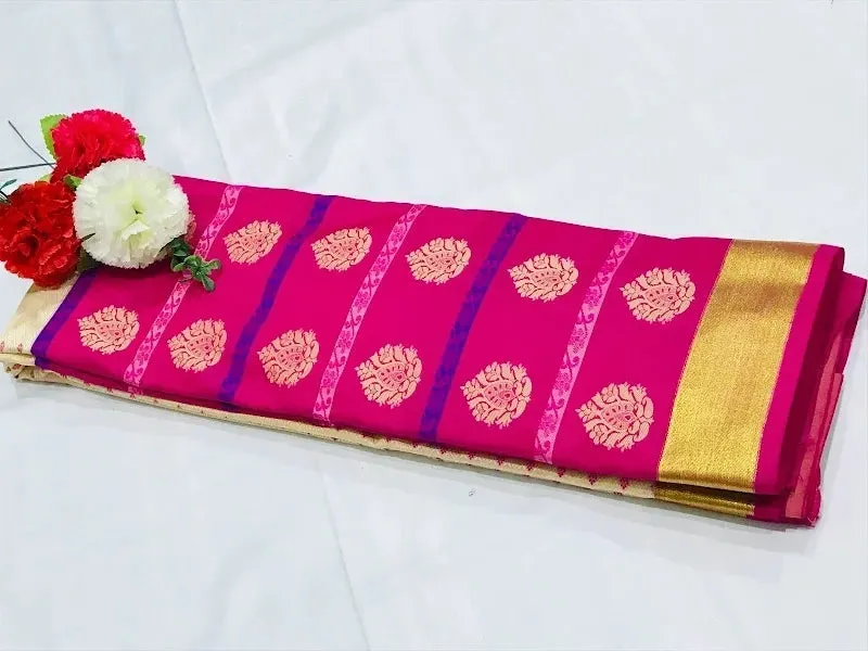 Marvelous Kanchi Silk Saree In Archaic Ivory With Pink Border - SILKMARK CERTIFIED