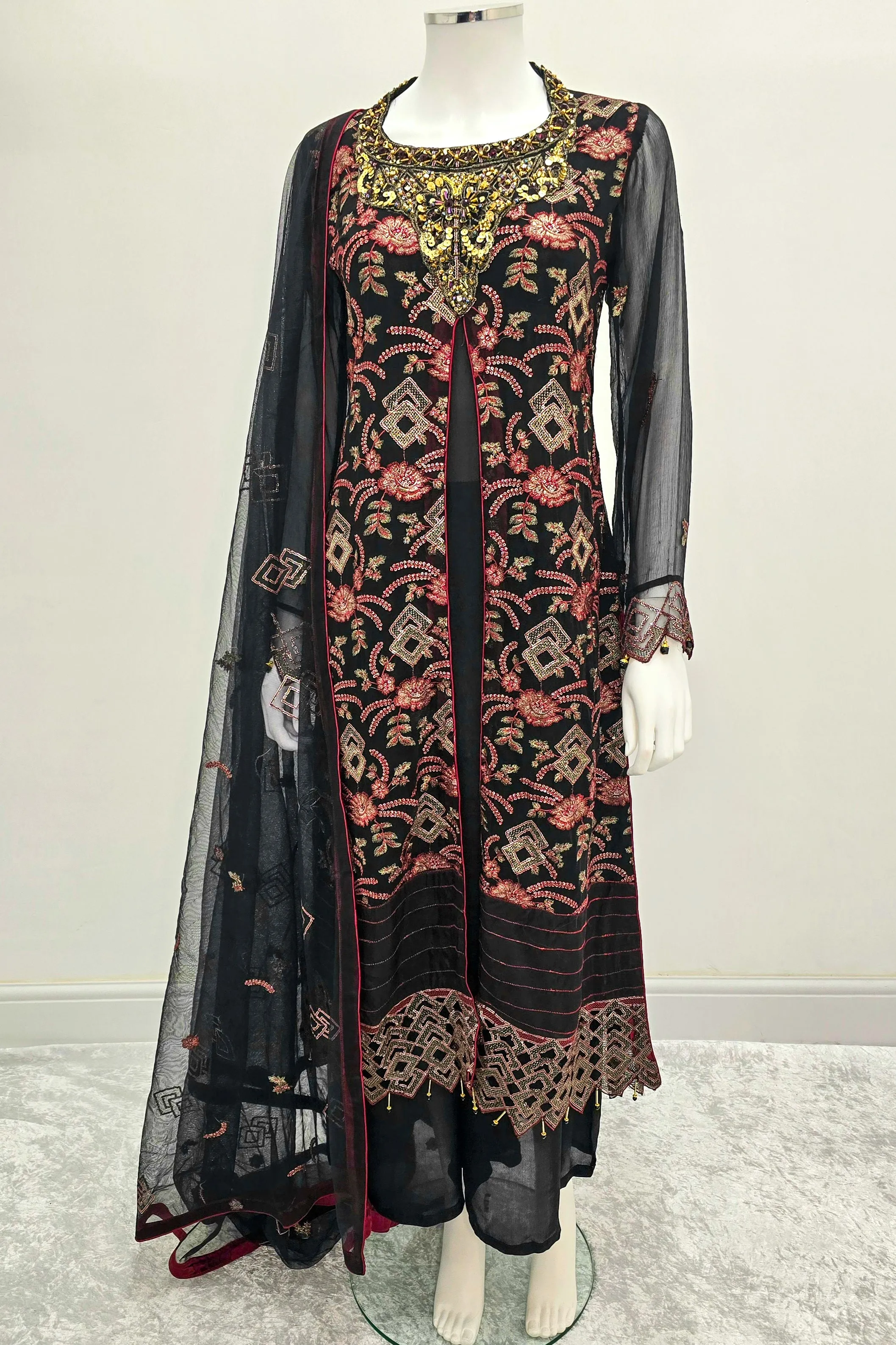 Maryam's Luxury Embroidered Chiffon Suit - Black