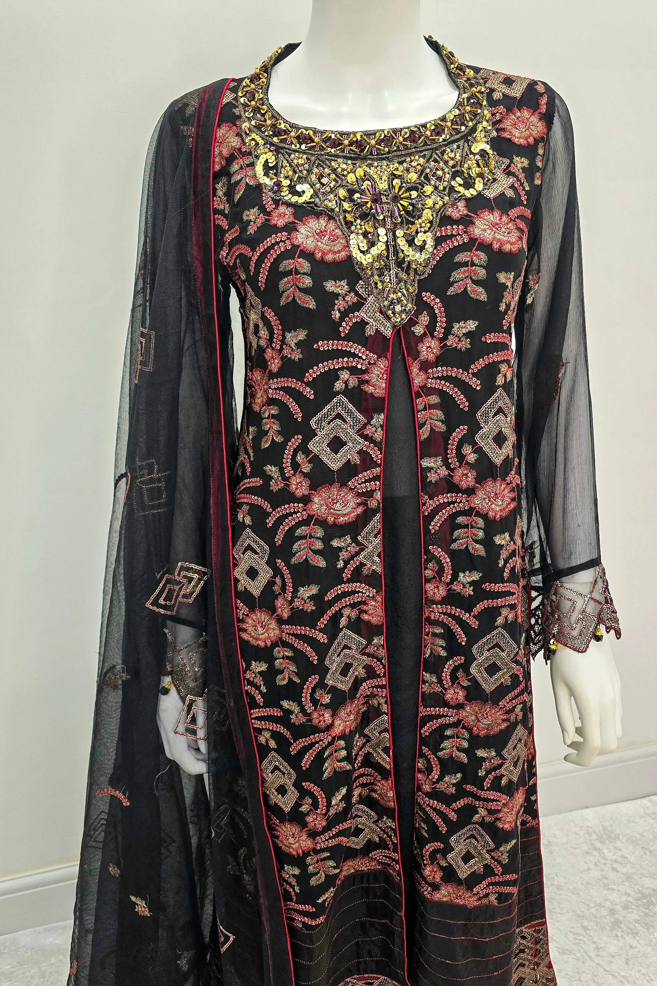 Maryam's Luxury Embroidered Chiffon Suit - Black