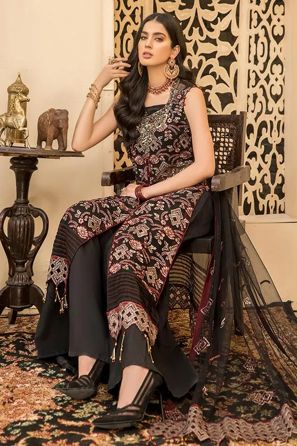 Maryam's Luxury Embroidered Chiffon Suit - Black