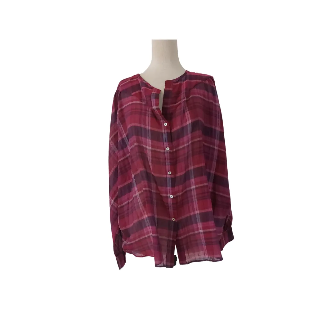 Massimo Dutti Red & Purple Checked Semi-sheer Top | Like New |