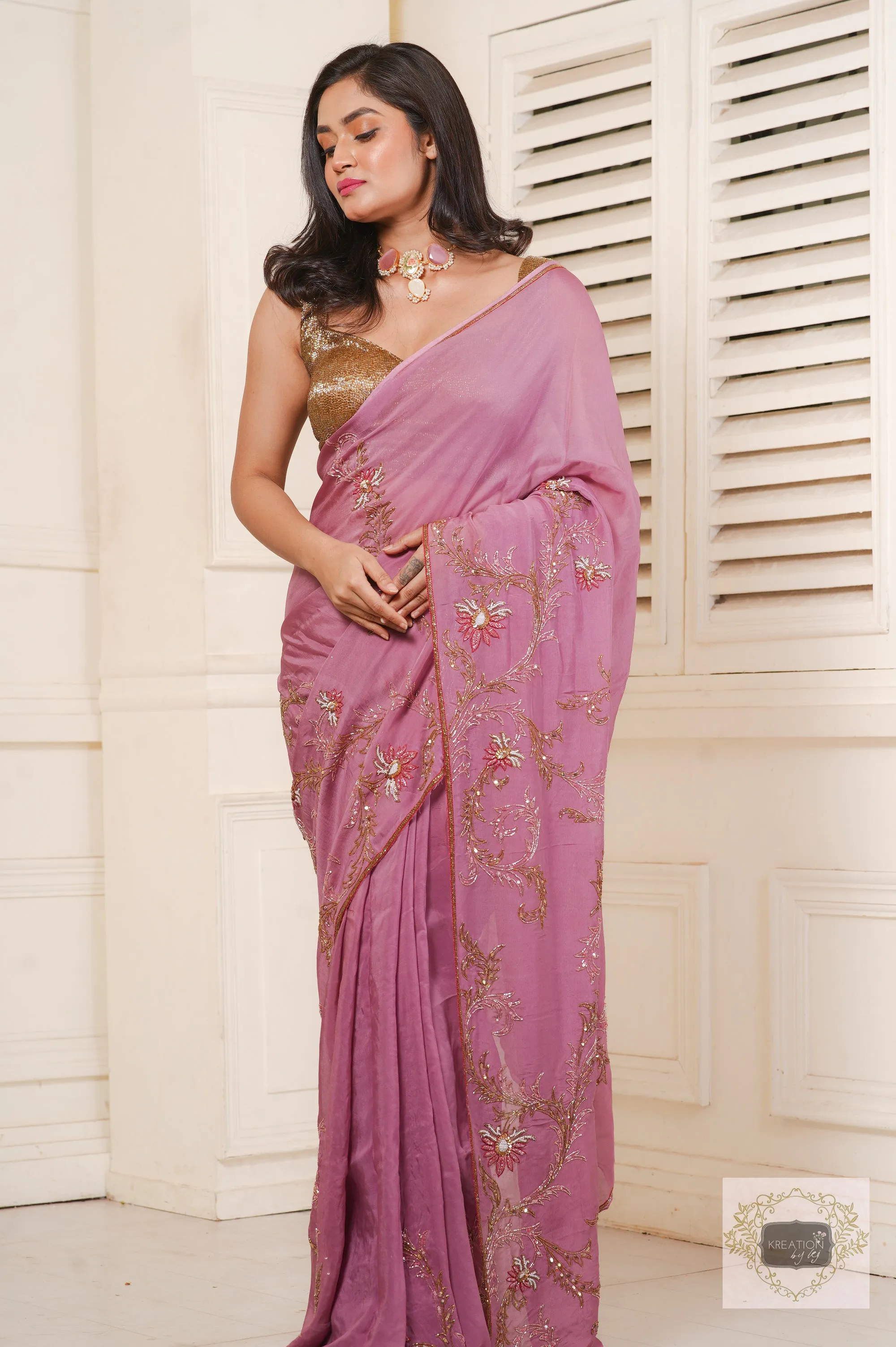 Mauve Diva Pure Organza Silk Saree with Handembroidery