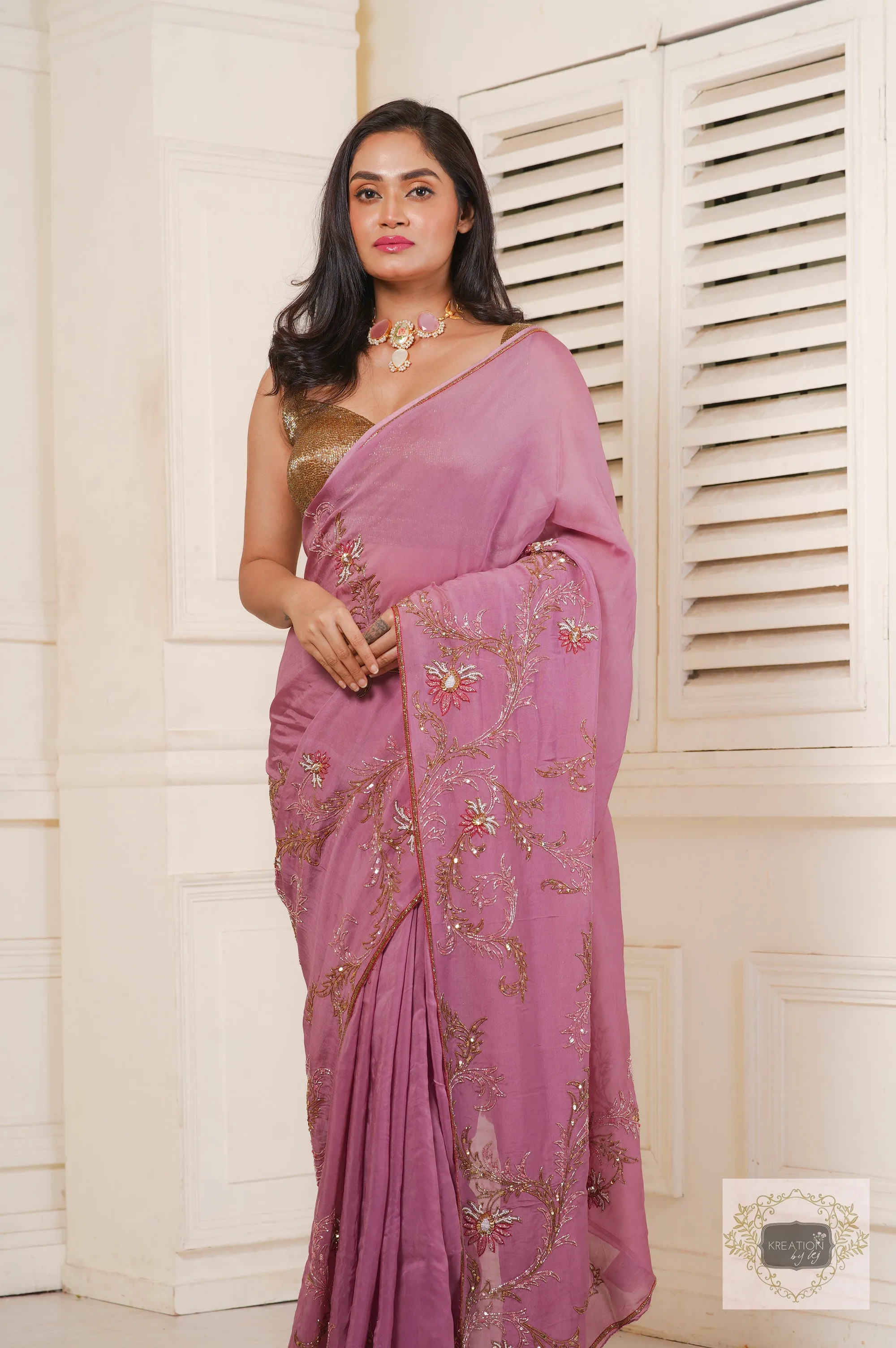 Mauve Diva Pure Organza Silk Saree with Handembroidery