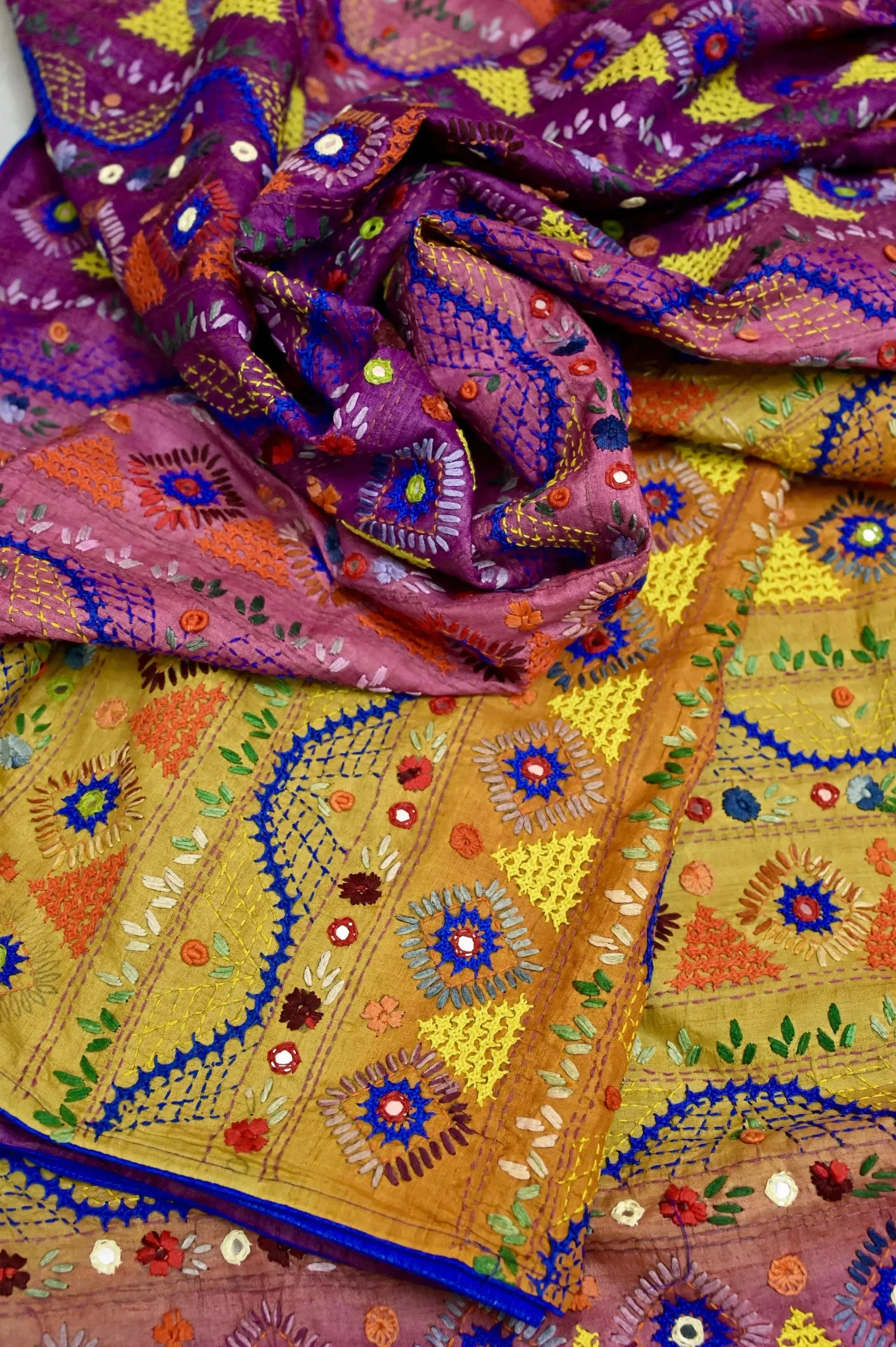 Multicolored Pure Gachi Tussar with Dye and Hand Lambani with Mirror Work