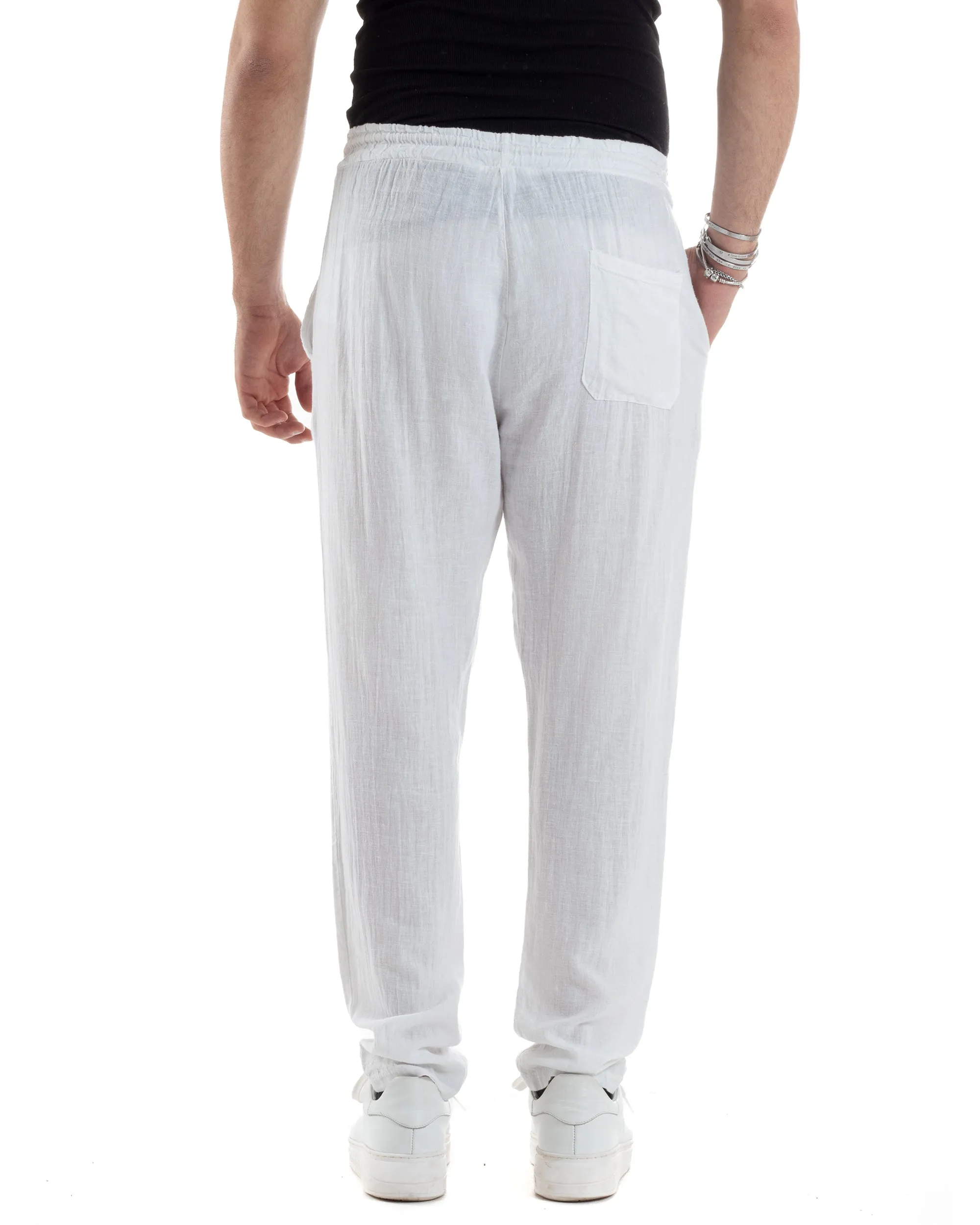 Pantaloni Uomo Lino Pantalaccio Lungo Elastico Regular Fit Tinta Unita Bianco Casual GIOSAL-P6095A