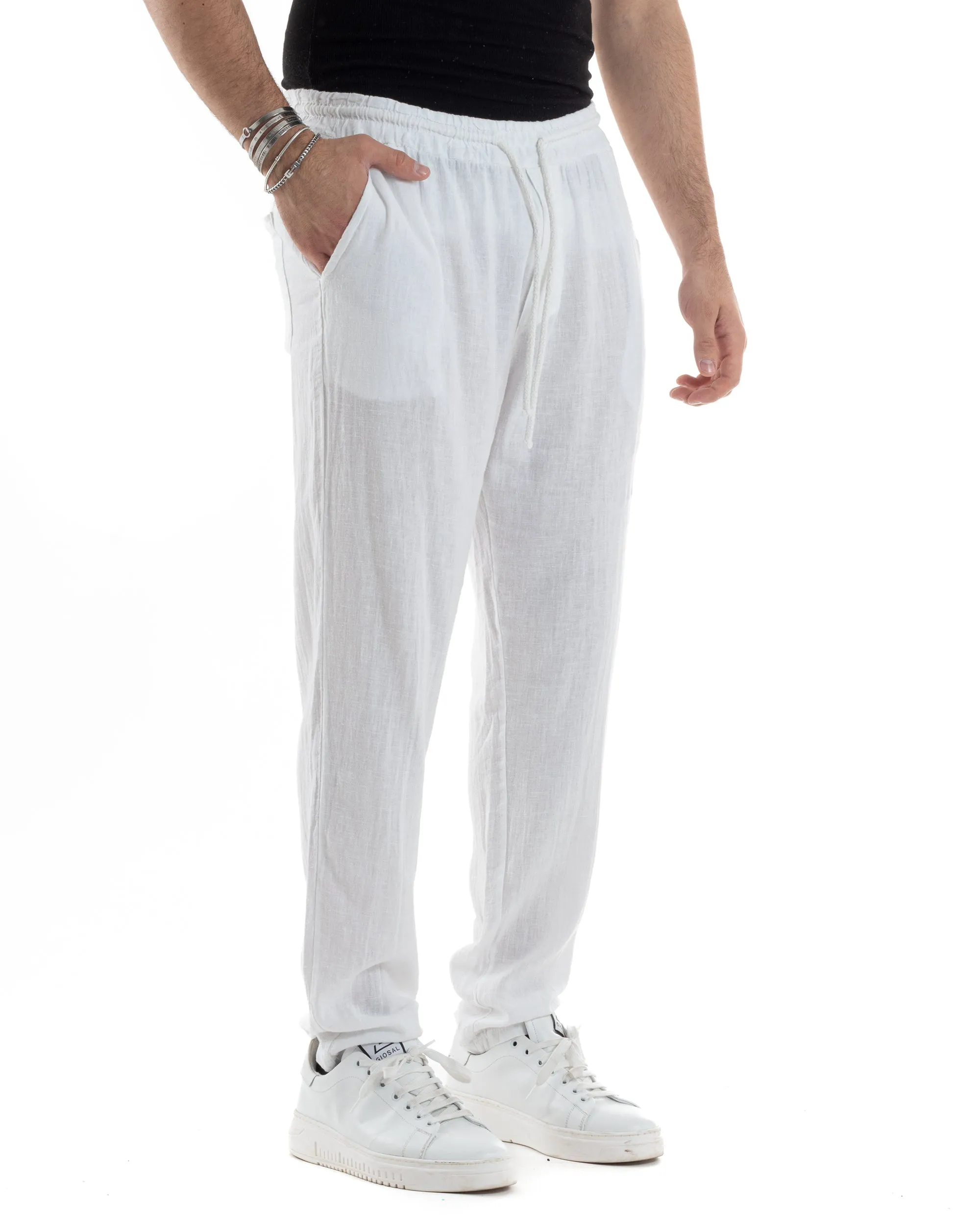 Pantaloni Uomo Lino Pantalaccio Lungo Elastico Regular Fit Tinta Unita Bianco Casual GIOSAL-P6095A