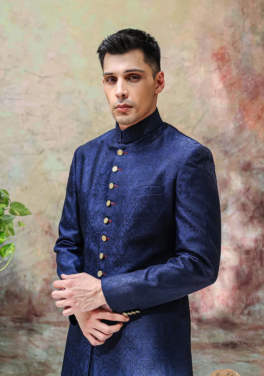 Premium  Jamawar Navy Blazer Traditional Sherwani