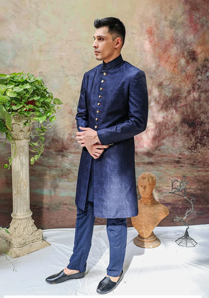 Premium  Jamawar Navy Blazer Traditional Sherwani