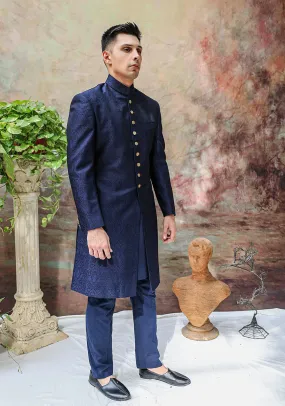 Premium  Jamawar Navy Blazer Traditional Sherwani