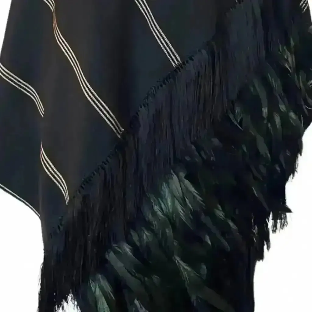 Purepecha rebozo with fringe and feathers