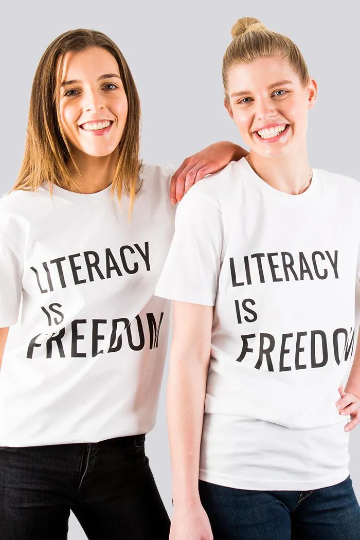 "Literacy is Freedom" White Cotton Crew Neck Unisex T-Shirt