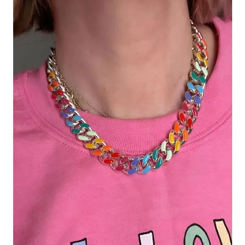 Rainbow Enamel Cuban Necklace