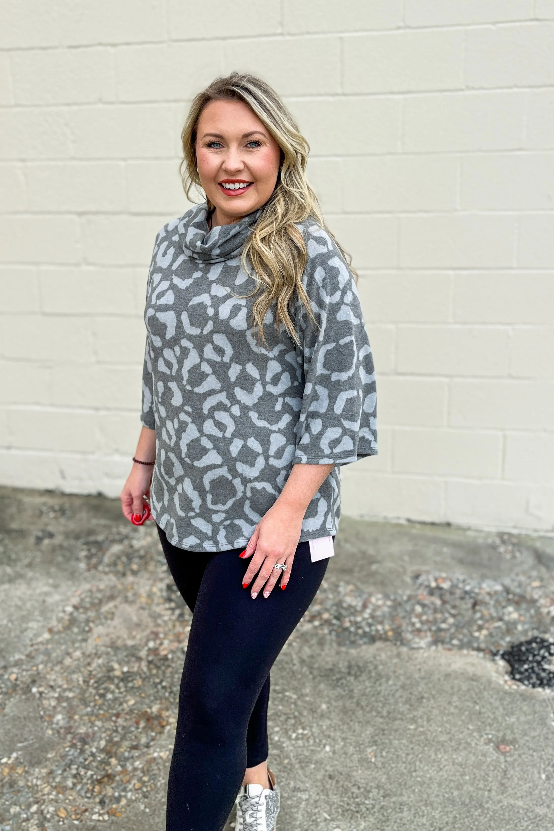 She Has It All Leopard Cowl Neck Top, Charcoal