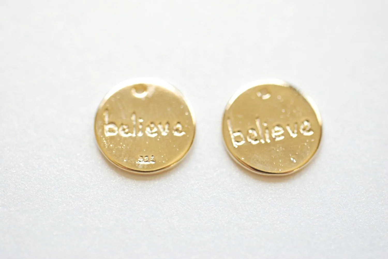 Shiny Vermeil Gold Round BELIEVE Disc- 18k gold plated over Sterling Silver, 12mm Round Gold Disc, Believe, Vermeil Gold Round Blanks, 185