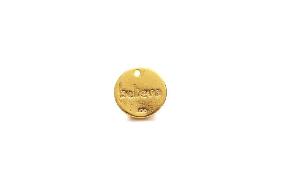 Shiny Vermeil Gold Round BELIEVE Disc- 18k gold plated over Sterling Silver, 12mm Round Gold Disc, Believe, Vermeil Gold Round Blanks, 185