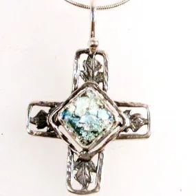 Sterling Silver Cross Roman Glass Necklace