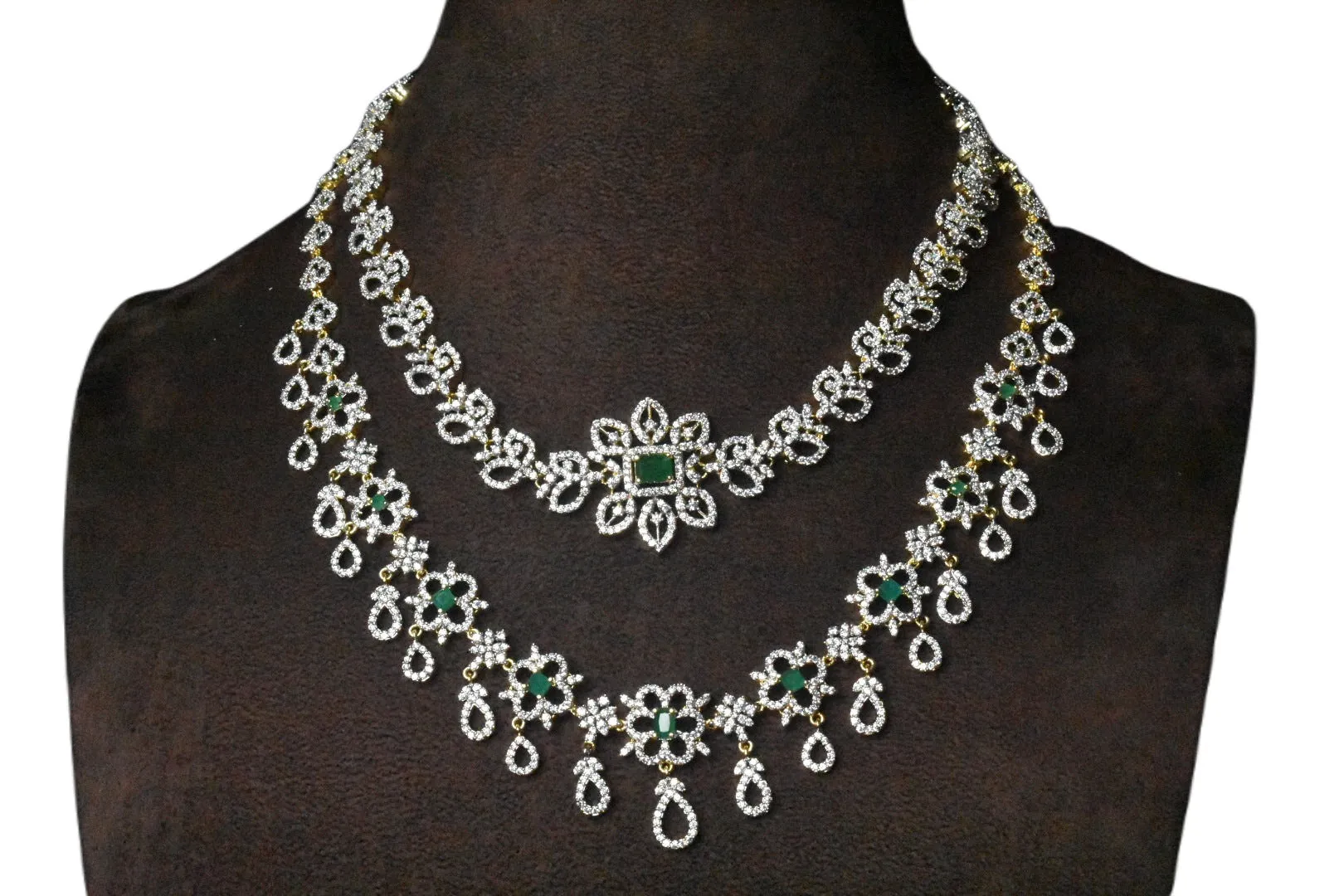 Stunning Two Layered Emralds American Diamonds Bridal Style Necklace Set