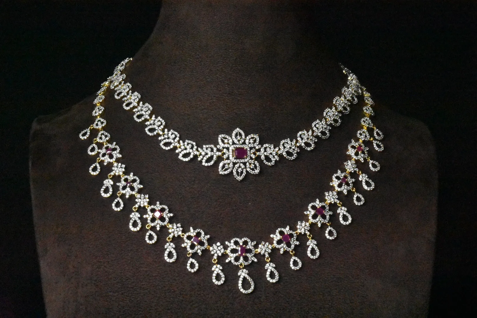 Stunning Two Layered Emralds American Diamonds Bridal Style Necklace Set