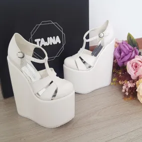 T Strap White Wedge Platform Shoes