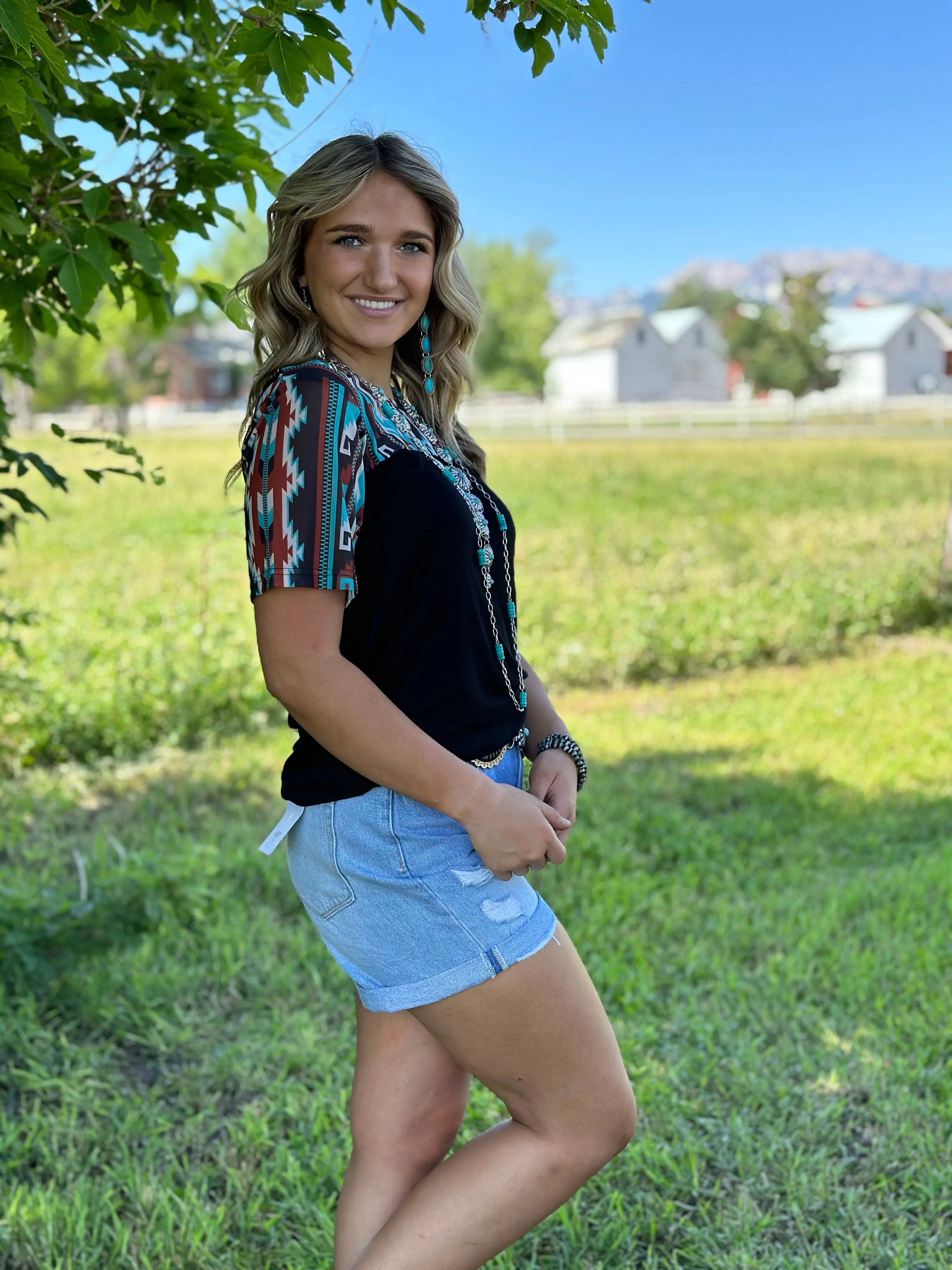 The Black Santaquin Aztec Mesh Sleeve Top