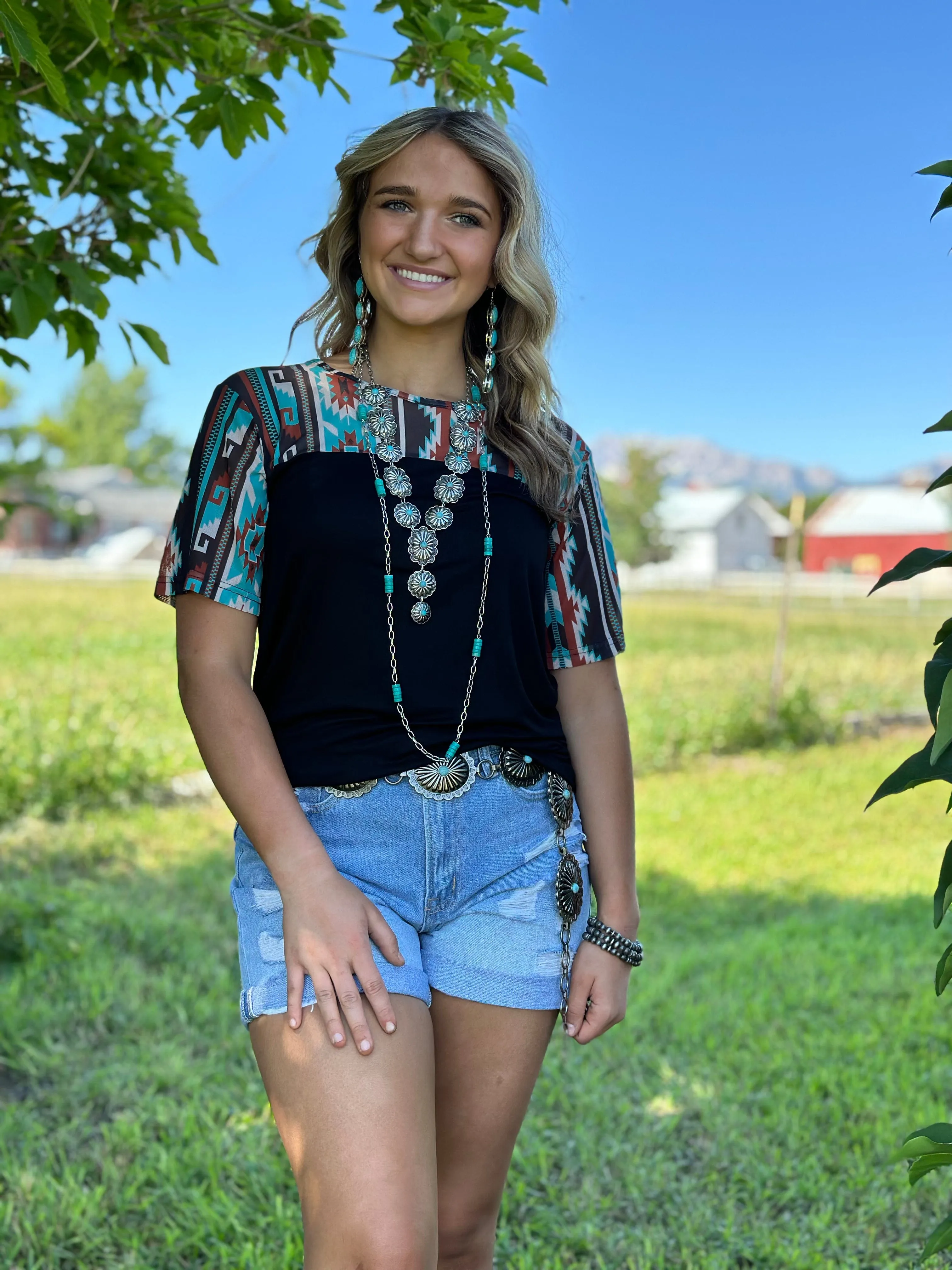 The Black Santaquin Aztec Mesh Sleeve Top