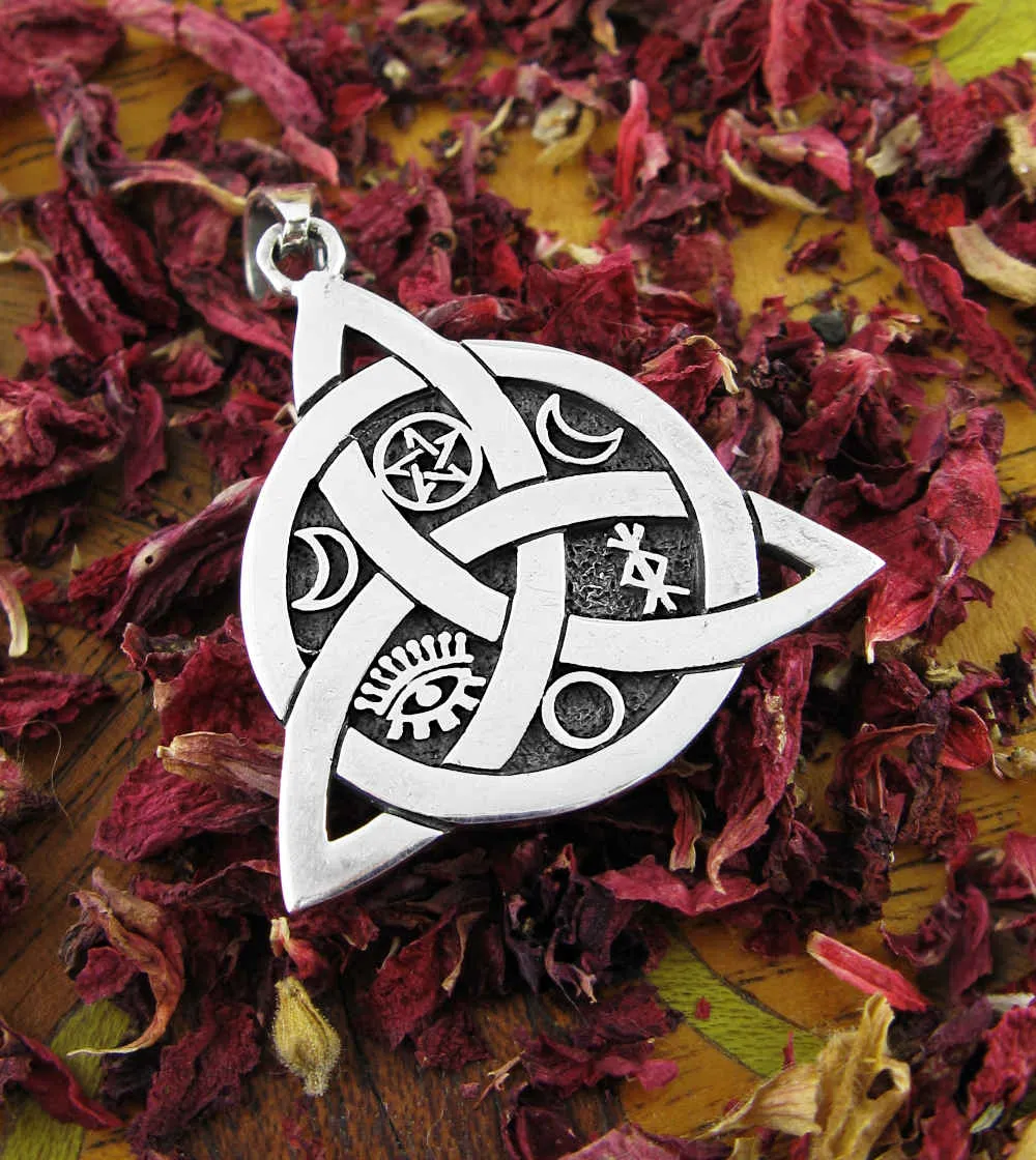 Triquetra Pendant With Interwoven Circle, Pentagram, Moons, Eye, & Protection Bind Rune