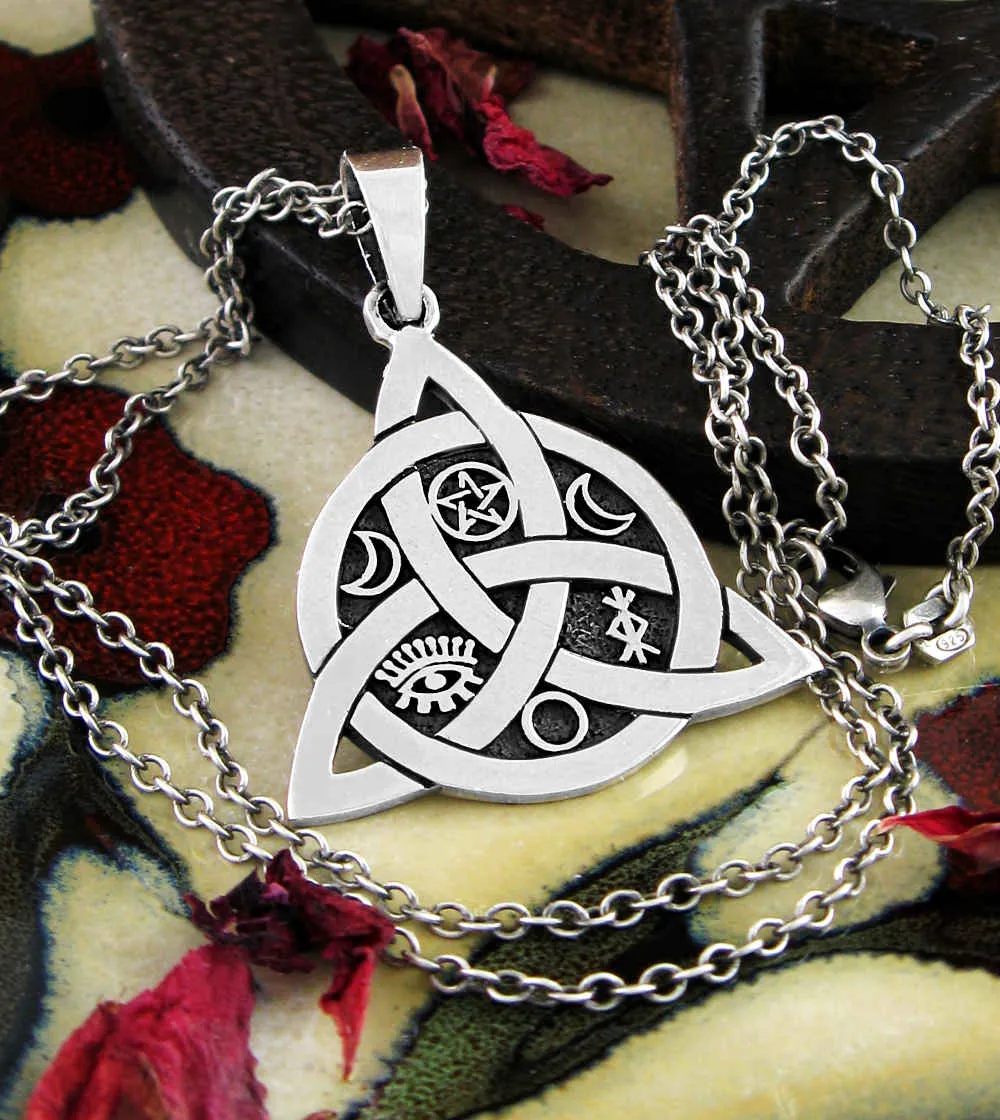 Triquetra Pendant With Interwoven Circle, Pentagram, Moons, Eye, & Protection Bind Rune