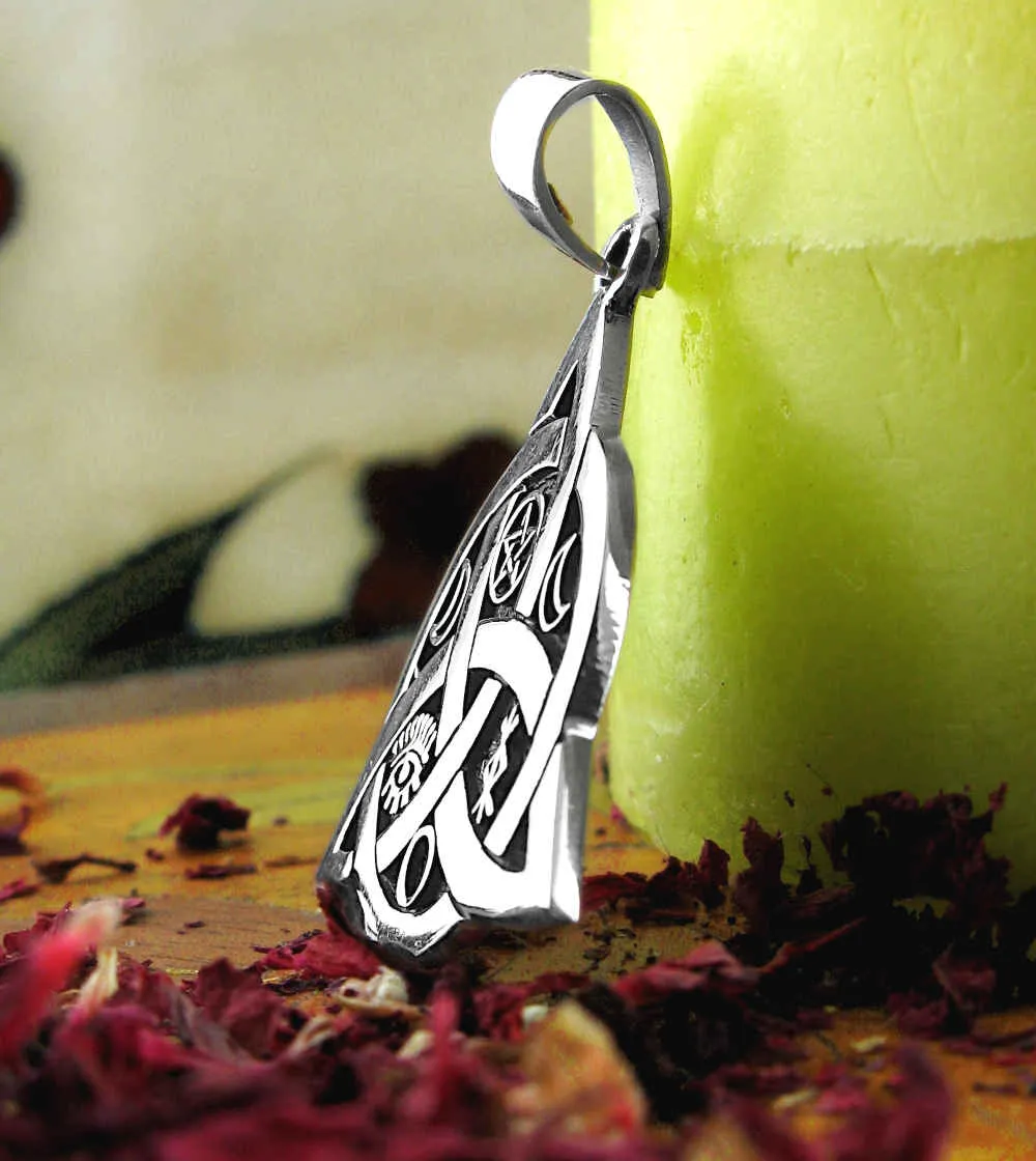 Triquetra Pendant With Interwoven Circle, Pentagram, Moons, Eye, & Protection Bind Rune