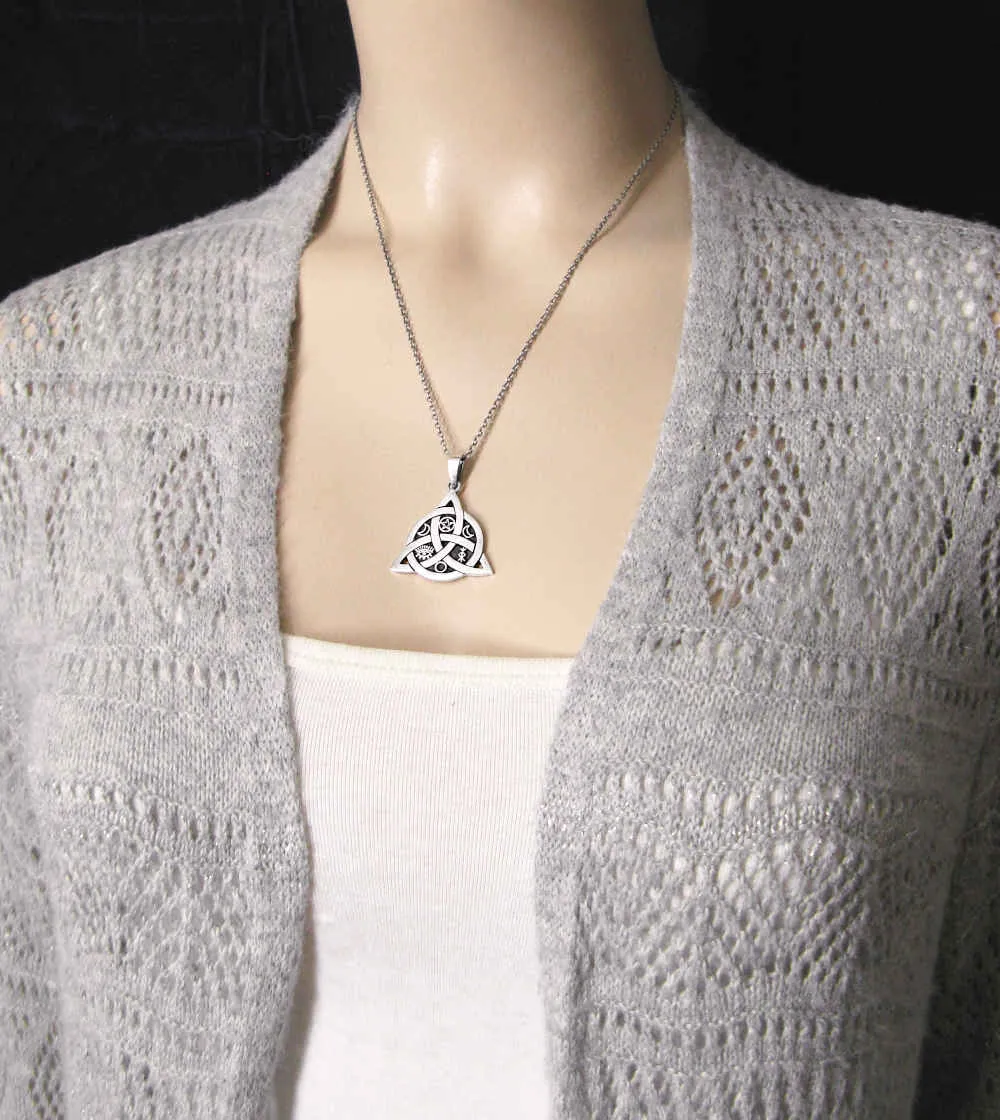 Triquetra Pendant With Interwoven Circle, Pentagram, Moons, Eye, & Protection Bind Rune