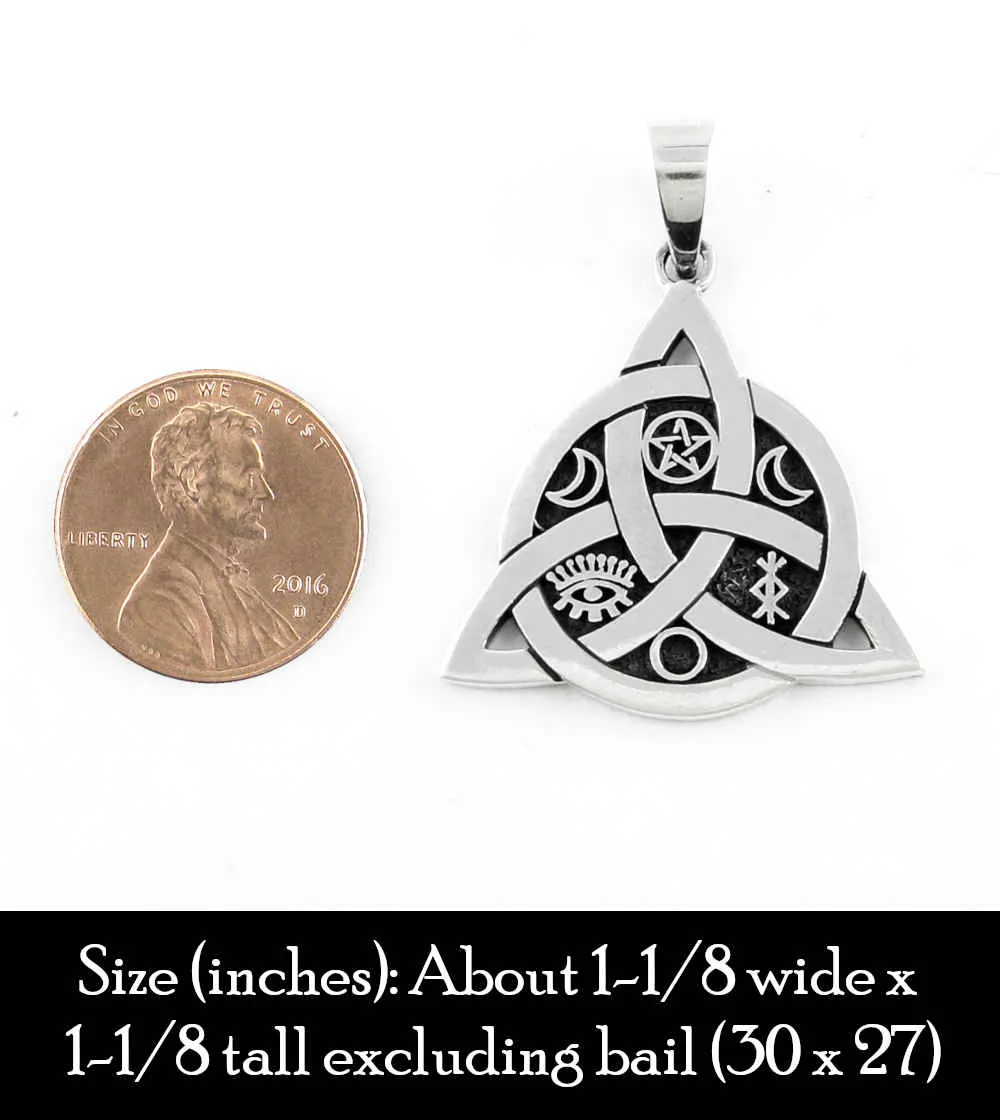 Triquetra Pendant With Interwoven Circle, Pentagram, Moons, Eye, & Protection Bind Rune