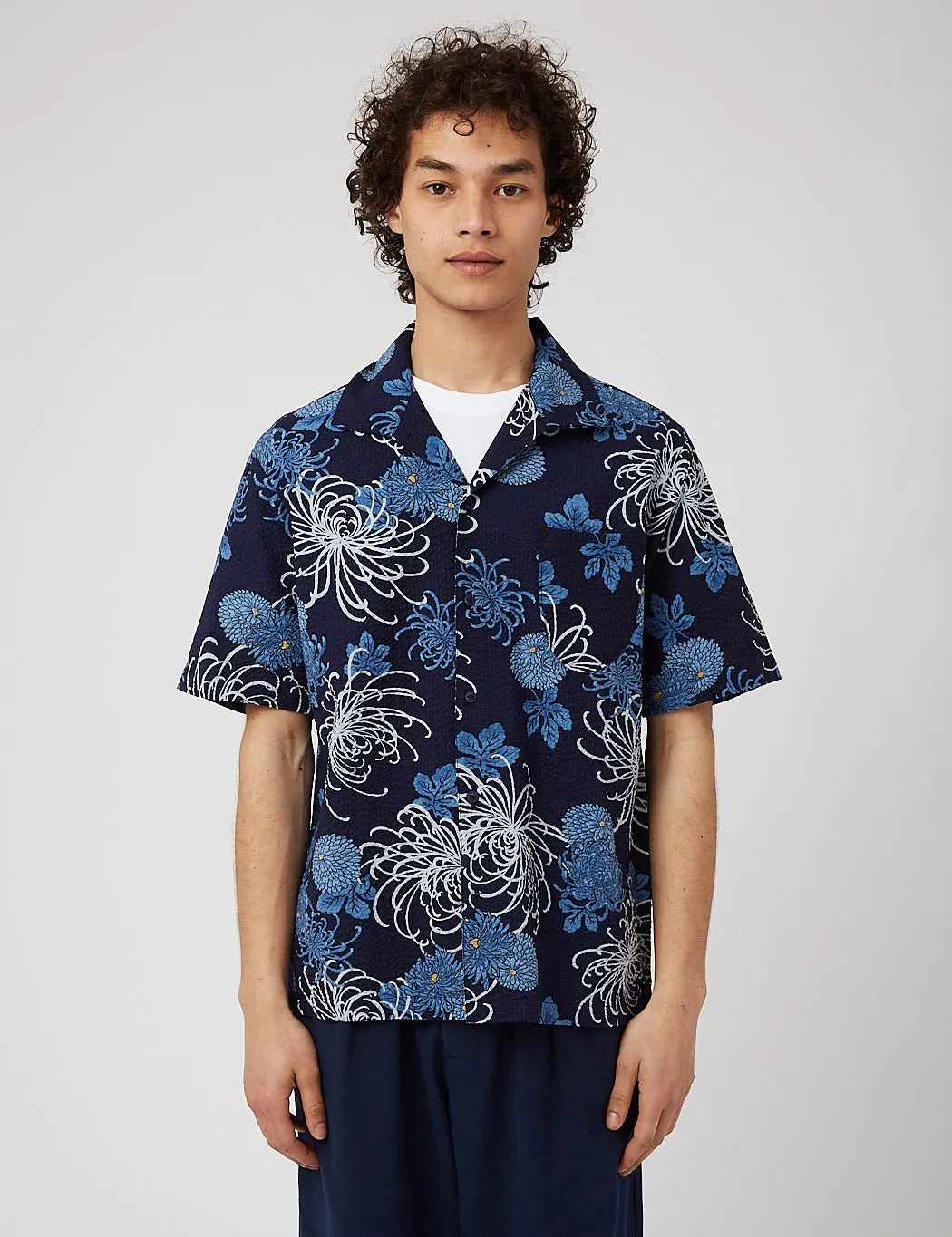 Universal Works Open Collar Shirt (Japanese Flower II) - Blue