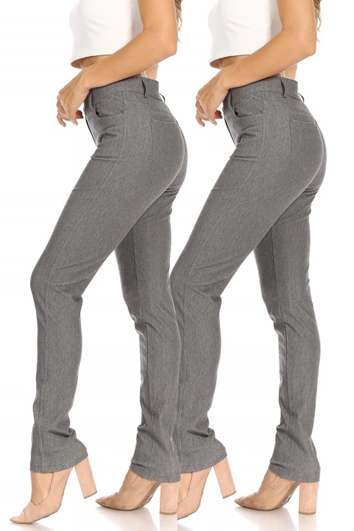 Women's 2 Pack Casual Comfy Slim Pocket Jeggings Jeans Pants with Button