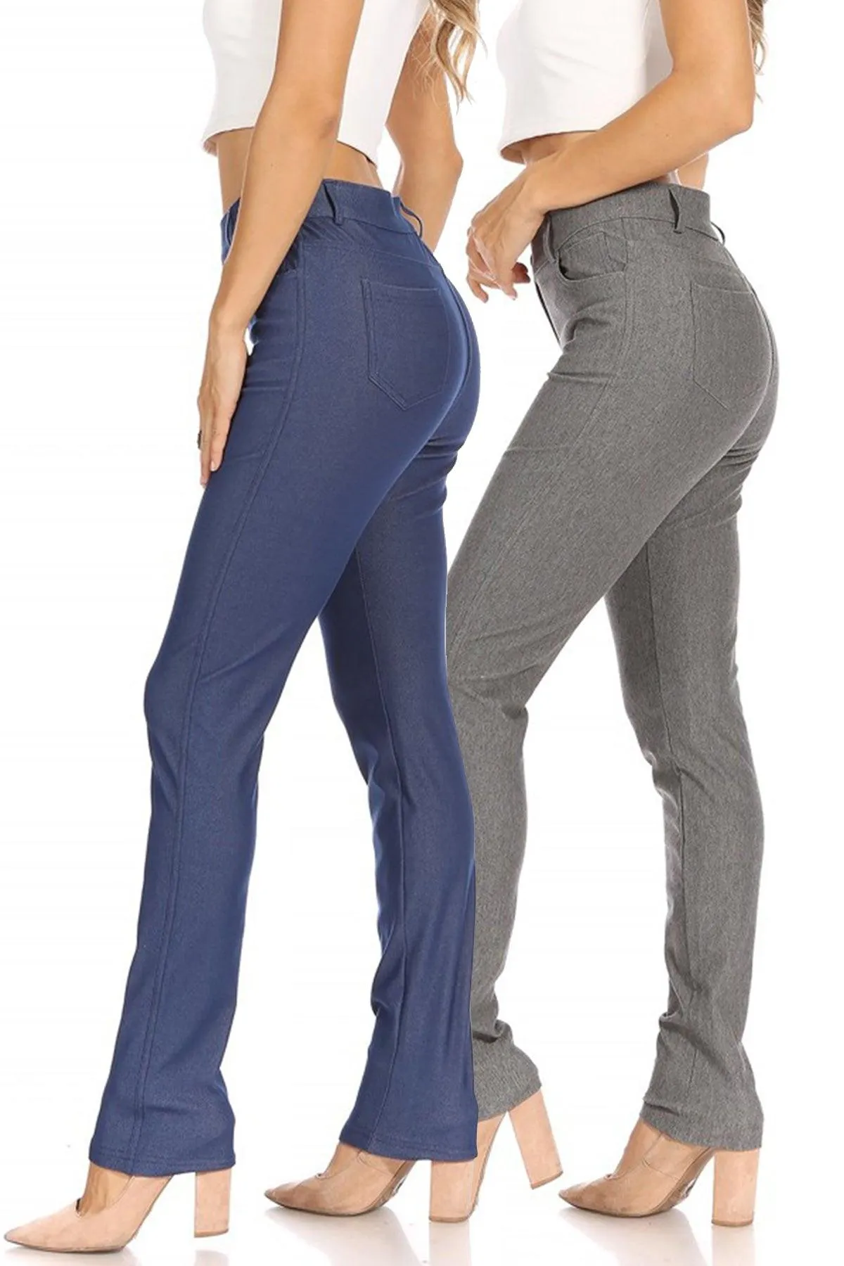 Women's 2 Pack Casual Comfy Slim Pocket Jeggings Jeans Pants with Button